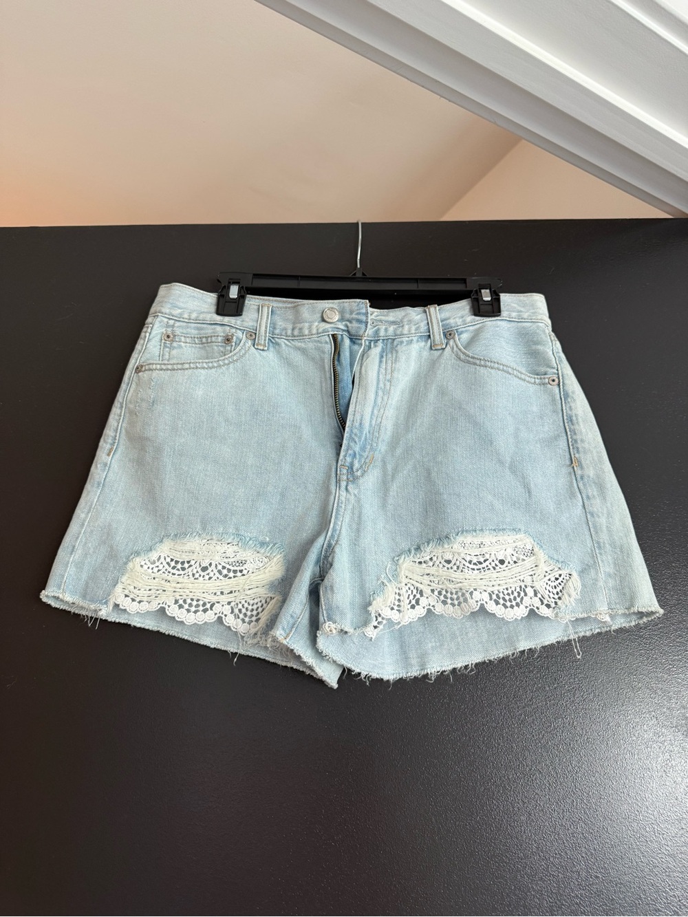 American Eagle Outfitters Light Blue Denim Shorts with White Lace Trim
